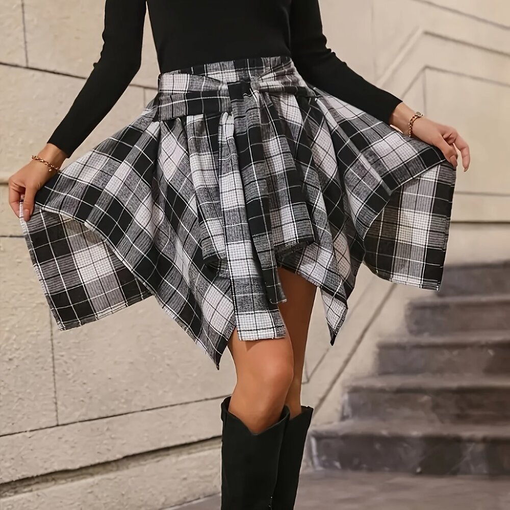Women's Plaid Black High Waisted Knot Front Asymmetrical Hem Mini Skater Skirt - Picture 3 of 4